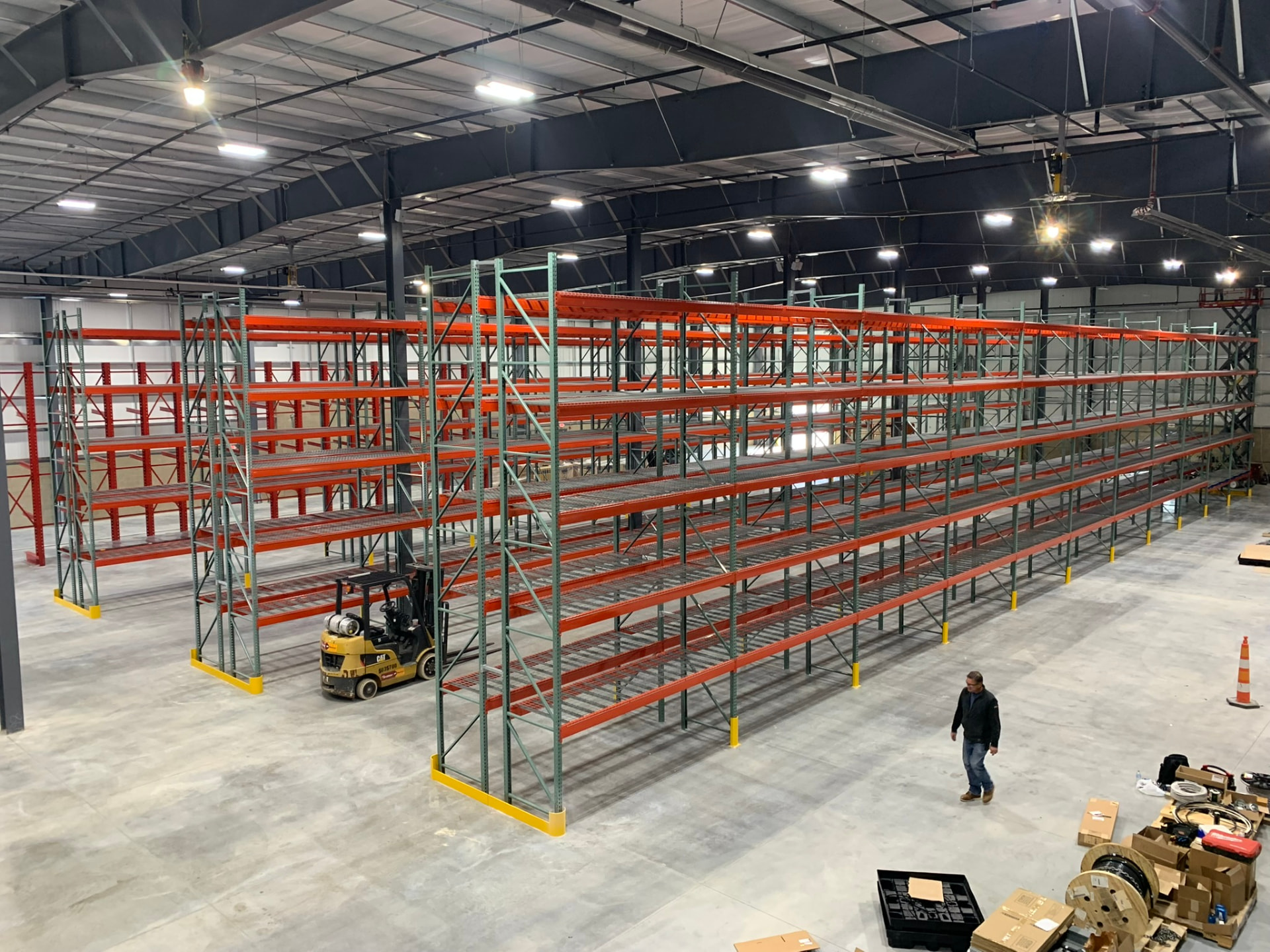 New pallet rack rows installed in an open warehouse