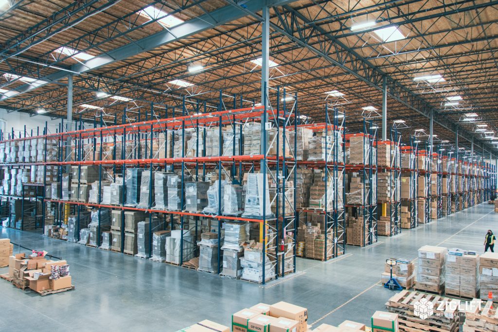 Rows of industrial pallet racks loaded with pallets in a Louisville warehouse
